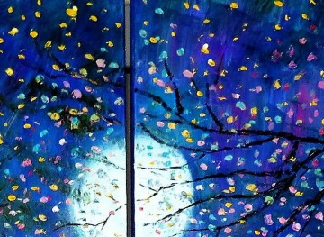 テクスチャード加工 Painting - ブルー ムーン ツリー ストリーム Flyfies 庭の装飾風景壁アート自然風景詳細テクスチャ